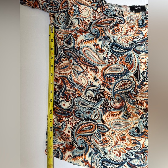 AGB Top Women Paisley Print Large Gathered neckline Long Sleeve Navy and Orange - Picture 11 of 11